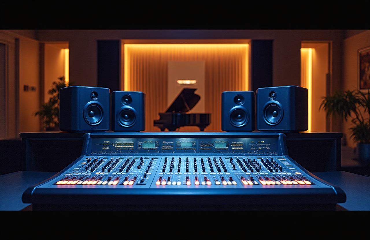 Sophisticated music recording studio with mixing console and warm lighting
