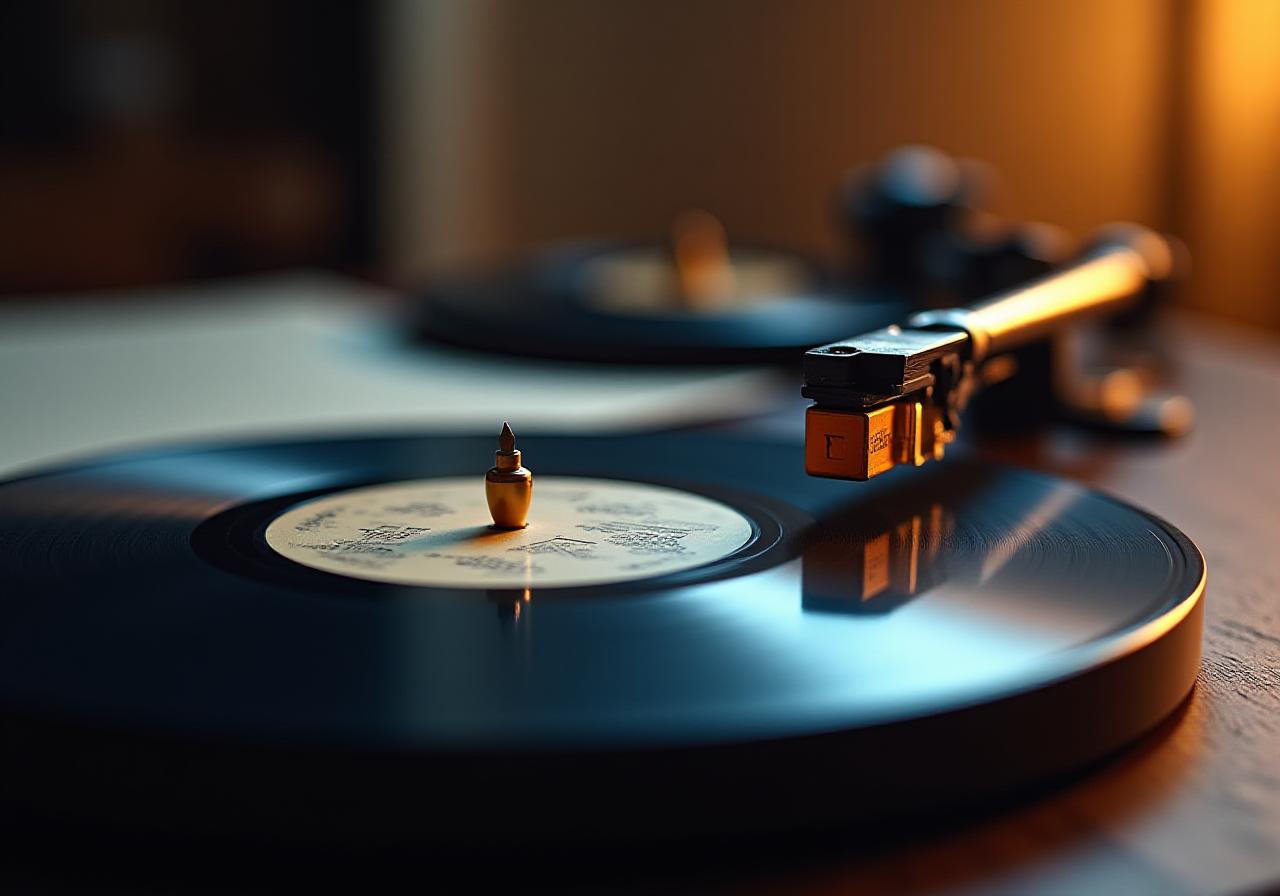 Close up of a vinyl record player and legal documents on a dark wooden desk